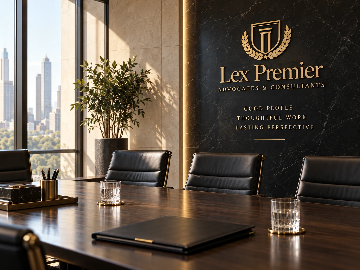 Lex Premier sign above a conference table