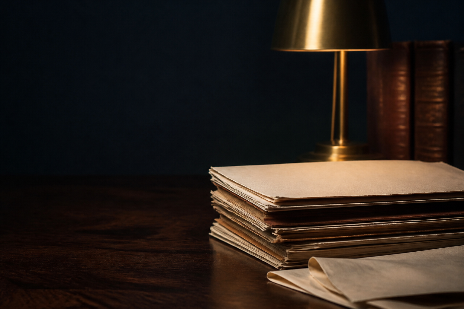 Archival documents on a dark timber desk beside a lamp